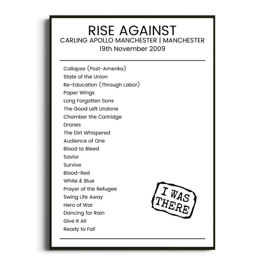 Rise Against Manchester 19 November 2009 Setlist Poster