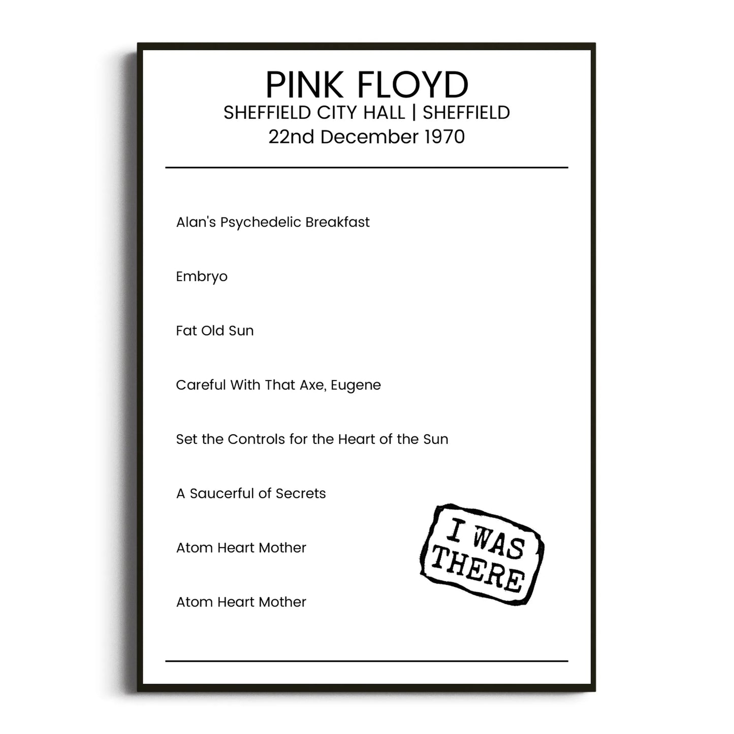 Pink Floyd Sheffield 22 December 1970 Setlist Poster