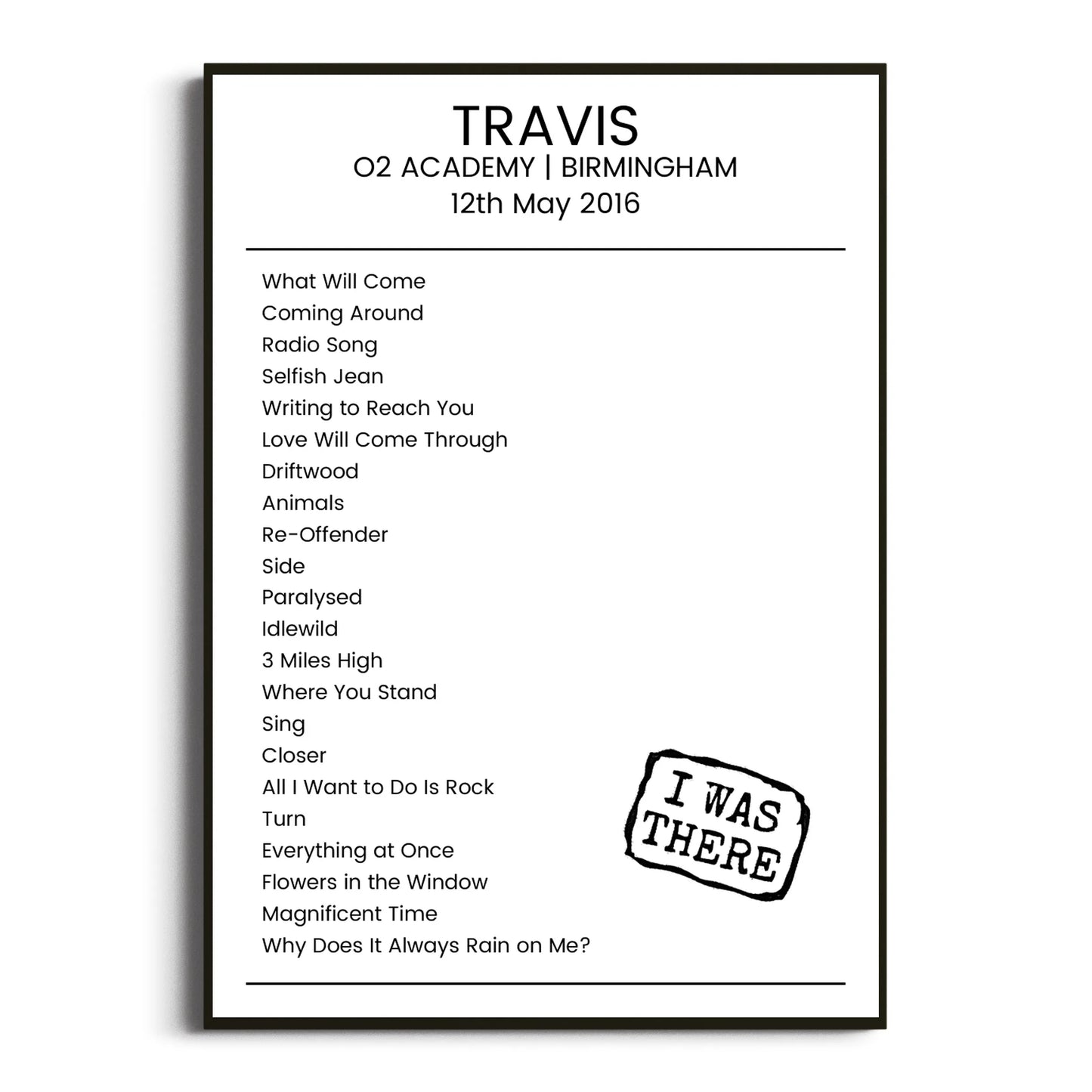 Travis Birmingham 12 May 2016 Setlist Poster