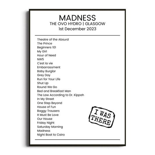 Madness Glasgow 01 December 2023 Setlist Poster