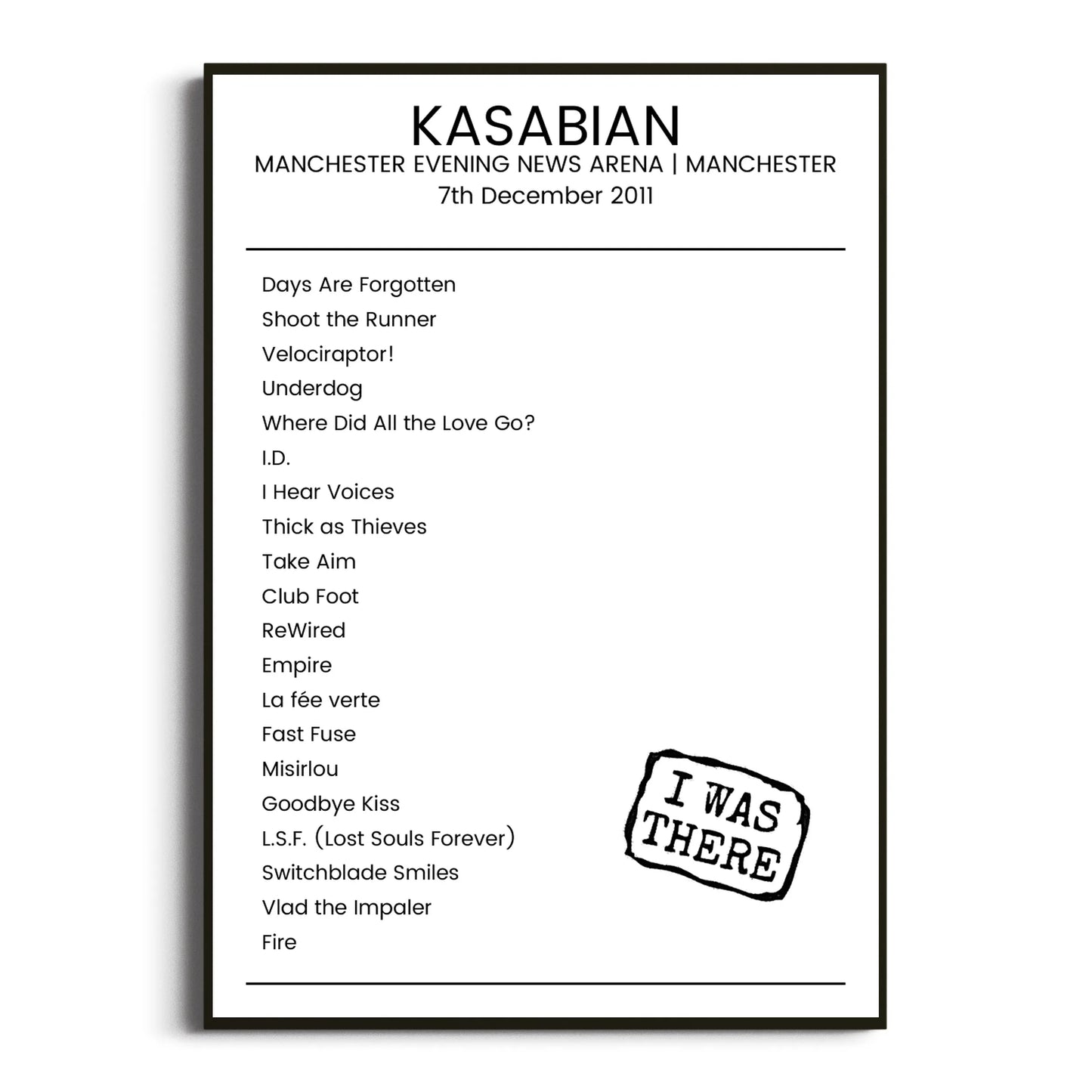 Kasabian Manchester 07 December 2011 Setlist Poster