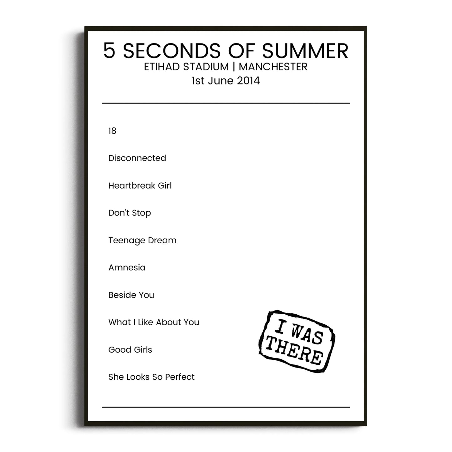 5 Seconds of Summer Manchester 01 June 2014 Setlist Poster