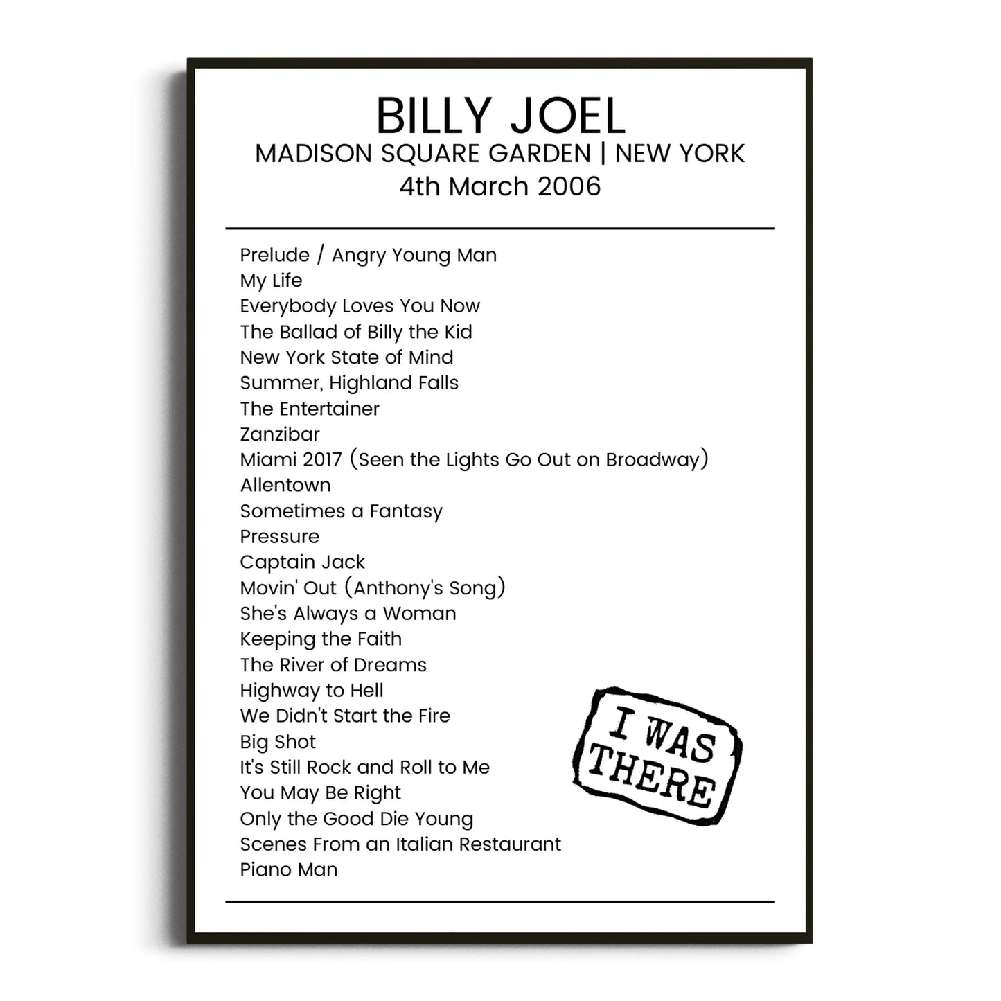 Billy Joel New York 04 March 2006 Setlist Poster