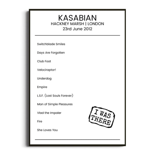 Kasabian London 23 June 2012 Setlist Poster