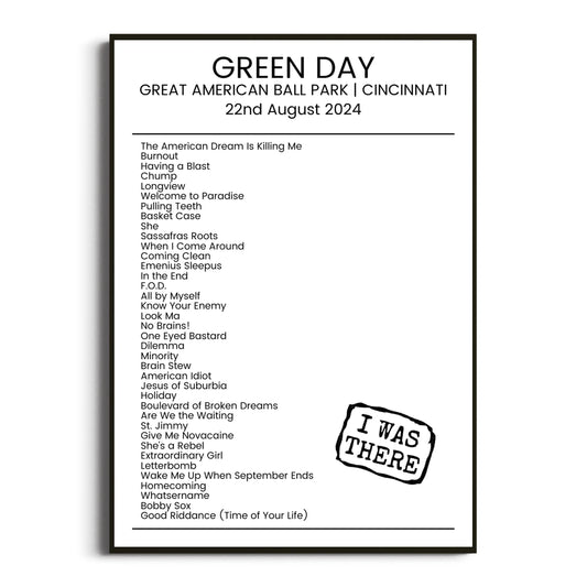 Green Day Cincinnati 22 August 2024 Setlist Poster