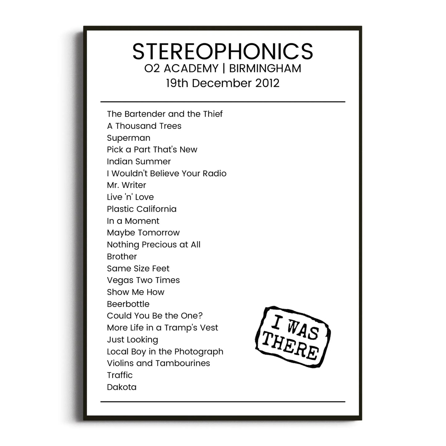 Stereophonics Birmingham 19 December 2012 Setlist Poster