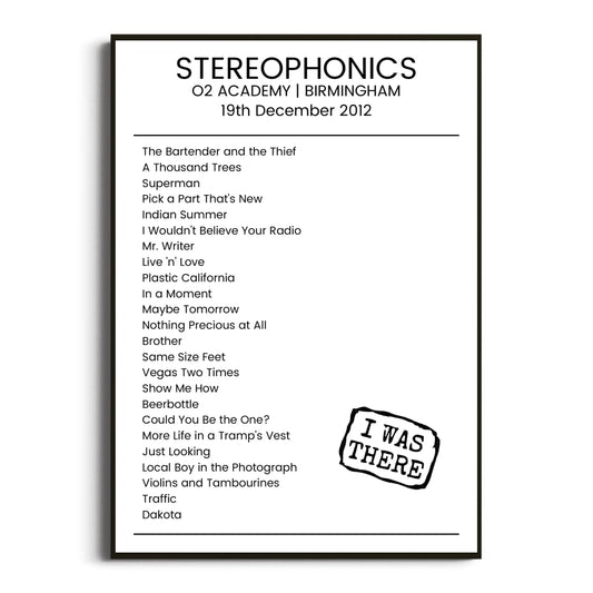 Stereophonics Birmingham 19 December 2012 Setlist Poster