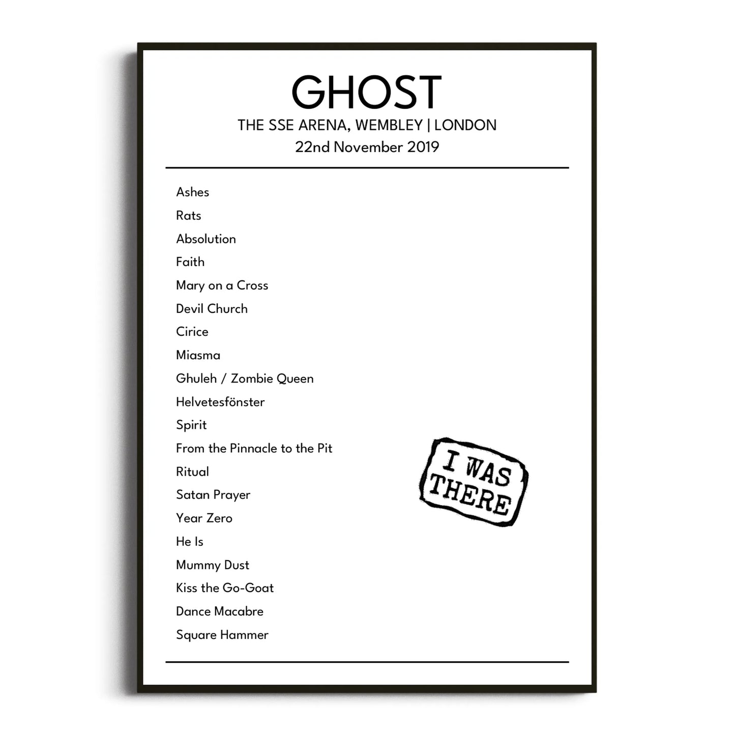 Ghost London 22 November 2019 Setlist Poster