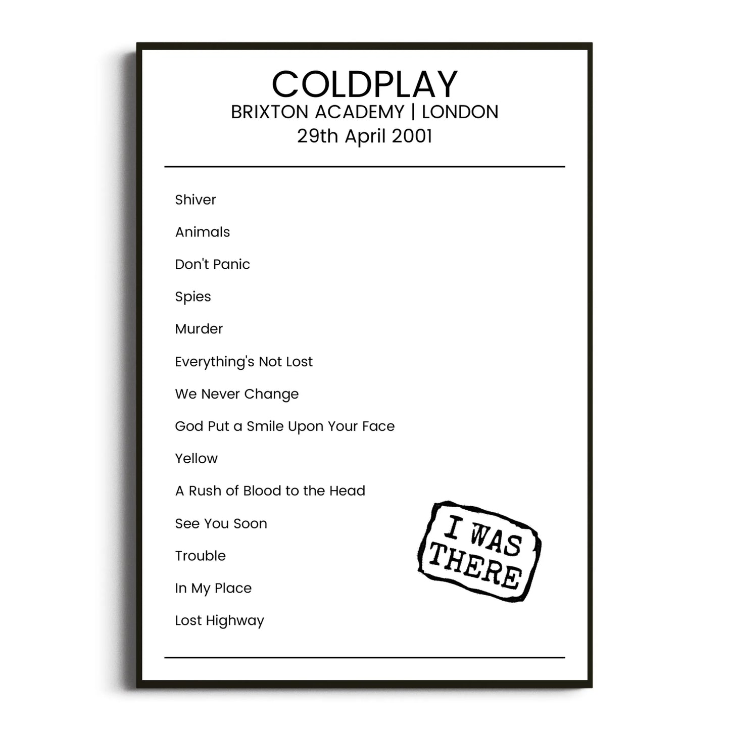 Coldplay London 29 April 2001 Setlist Poster