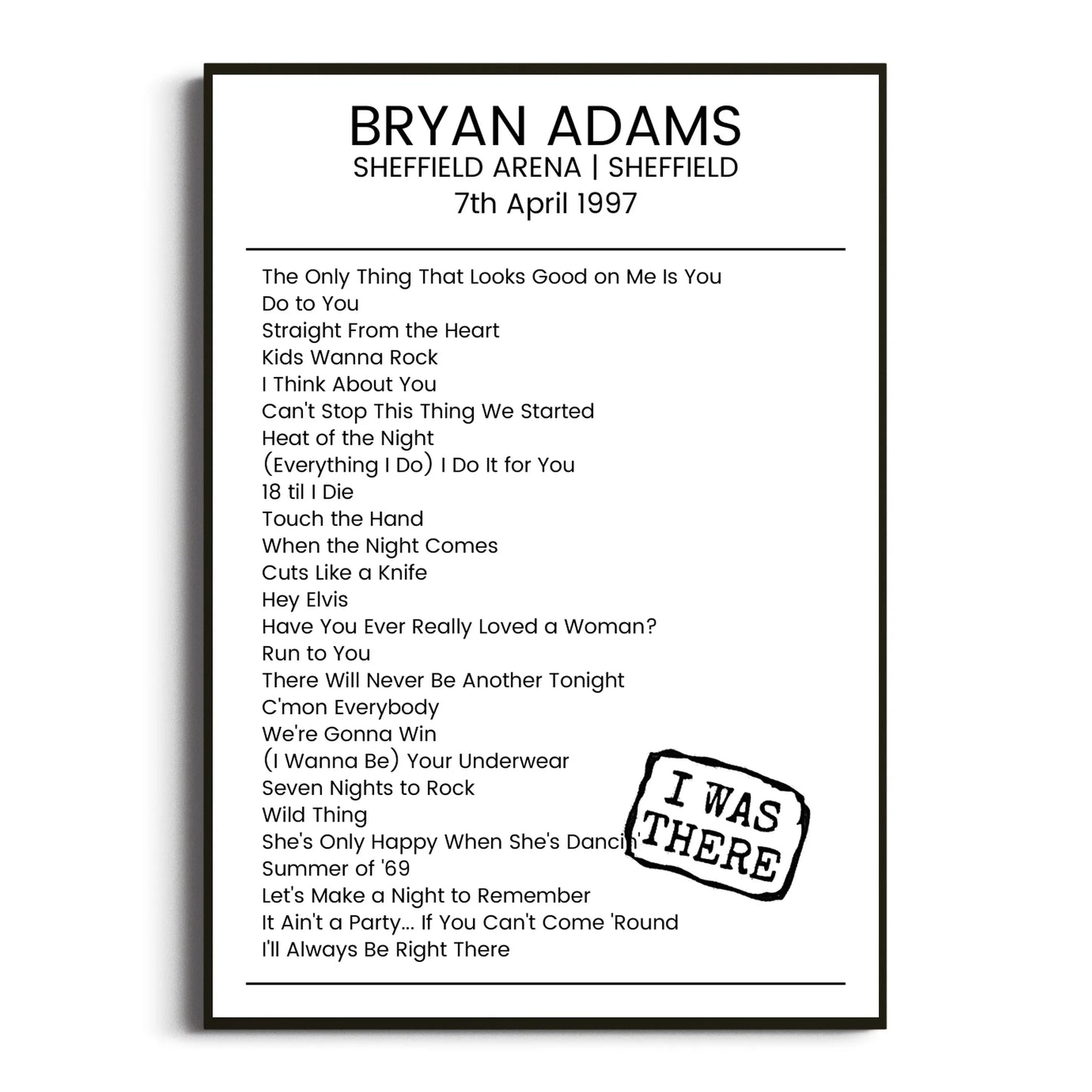 Bryan Adams Sheffield 07 April 1997 Setlist Poster