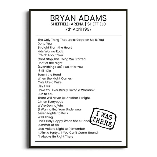 Bryan Adams Sheffield 07 April 1997 Setlist Poster