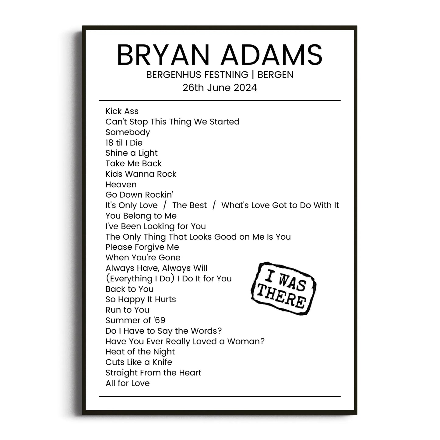 Bryan Adams Bergen 26 June 2024 Setlist Poster