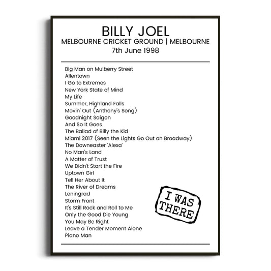 Billy Joel Melbourne 07 June 1998 Setlist Poster