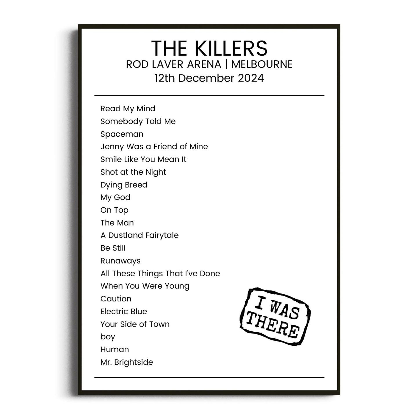 The Killers Melbourne 12 December 2024 Setlist Poster