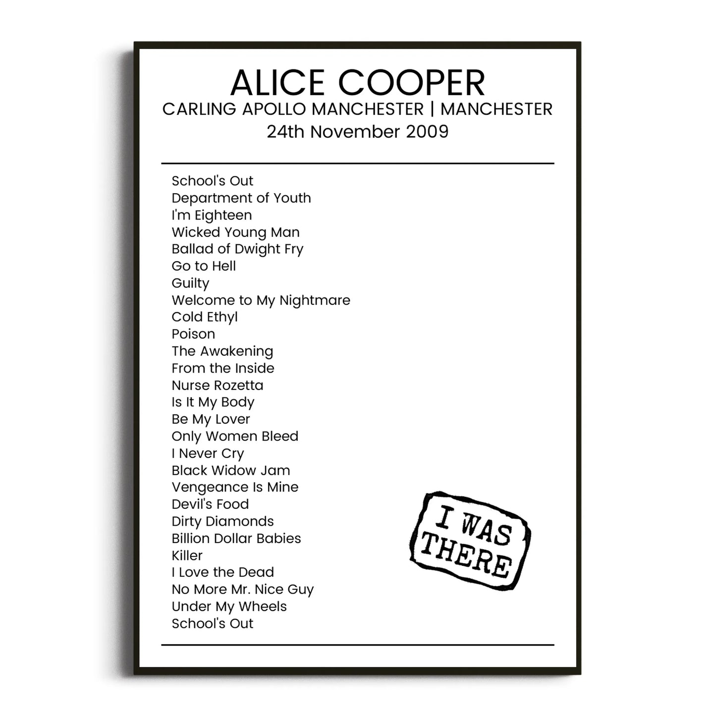 Alice Cooper Manchester 24 November 2009 Setlist Poster