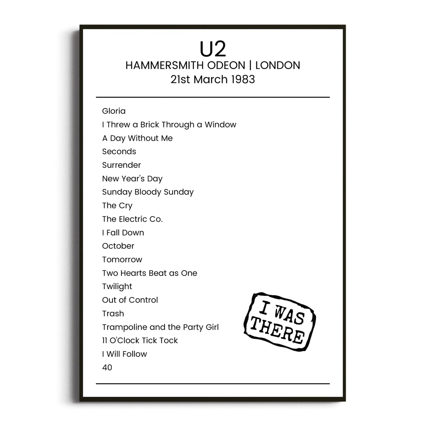 U2 London 21 March 1983 Setlist Poster