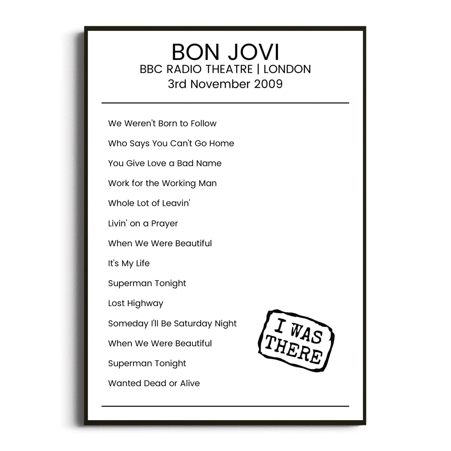 Bon Jovi London 03 November 2009 Setlist Poster