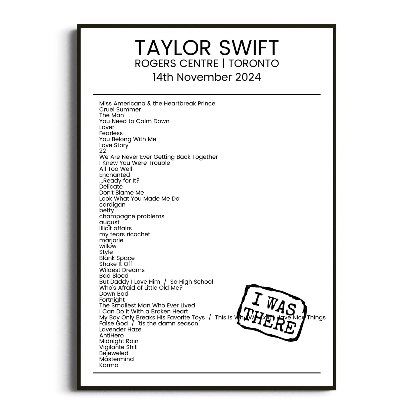 Taylor Swift Toronto 14 November 2024 Setlist Poster