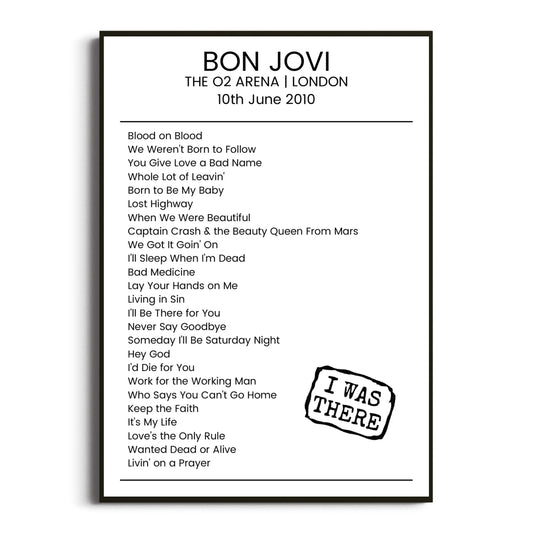 Bon Jovi London 10 June 2010 Setlist Poster