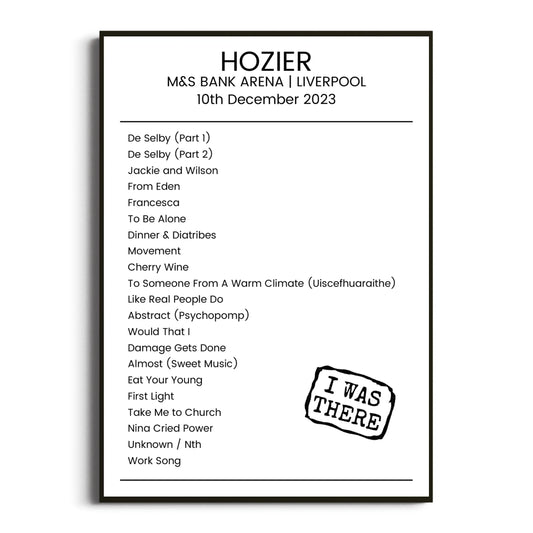 Hozier Liverpool 10 December 2023 Setlist Poster