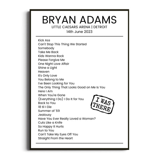 Bryan Adams Detroit 14 June 2023 Setlist Poster