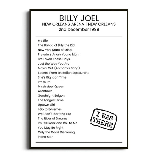 Billy Joel New Orleans 02 December 1999 Setlist Poster