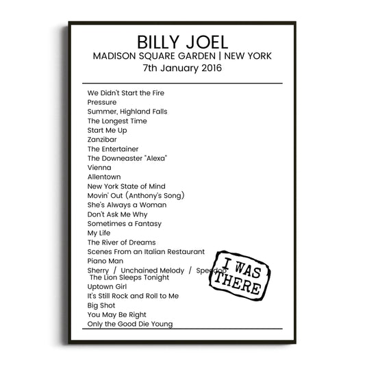 Billy Joel New York 07 January 2016 Setlist Poster