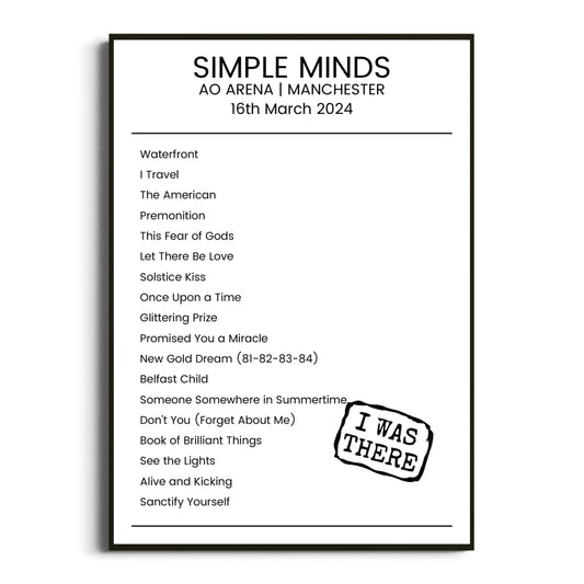 Simple Minds Manchester 16 March 2024 Setlist Poster