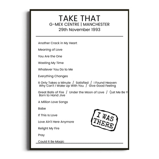 Take That Manchester 29 November 1993 Setlist Poster