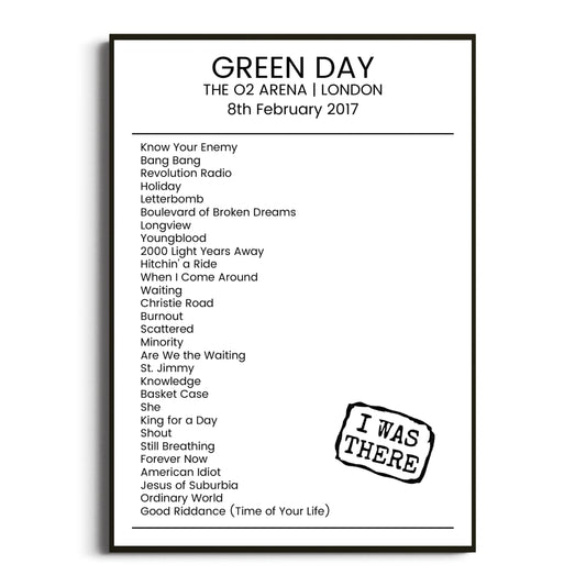 Green Day London 08 February 2017 Setlist Poster