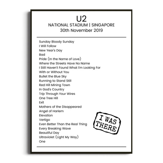 U2 Singapore 30 November 2019 Setlist Poster