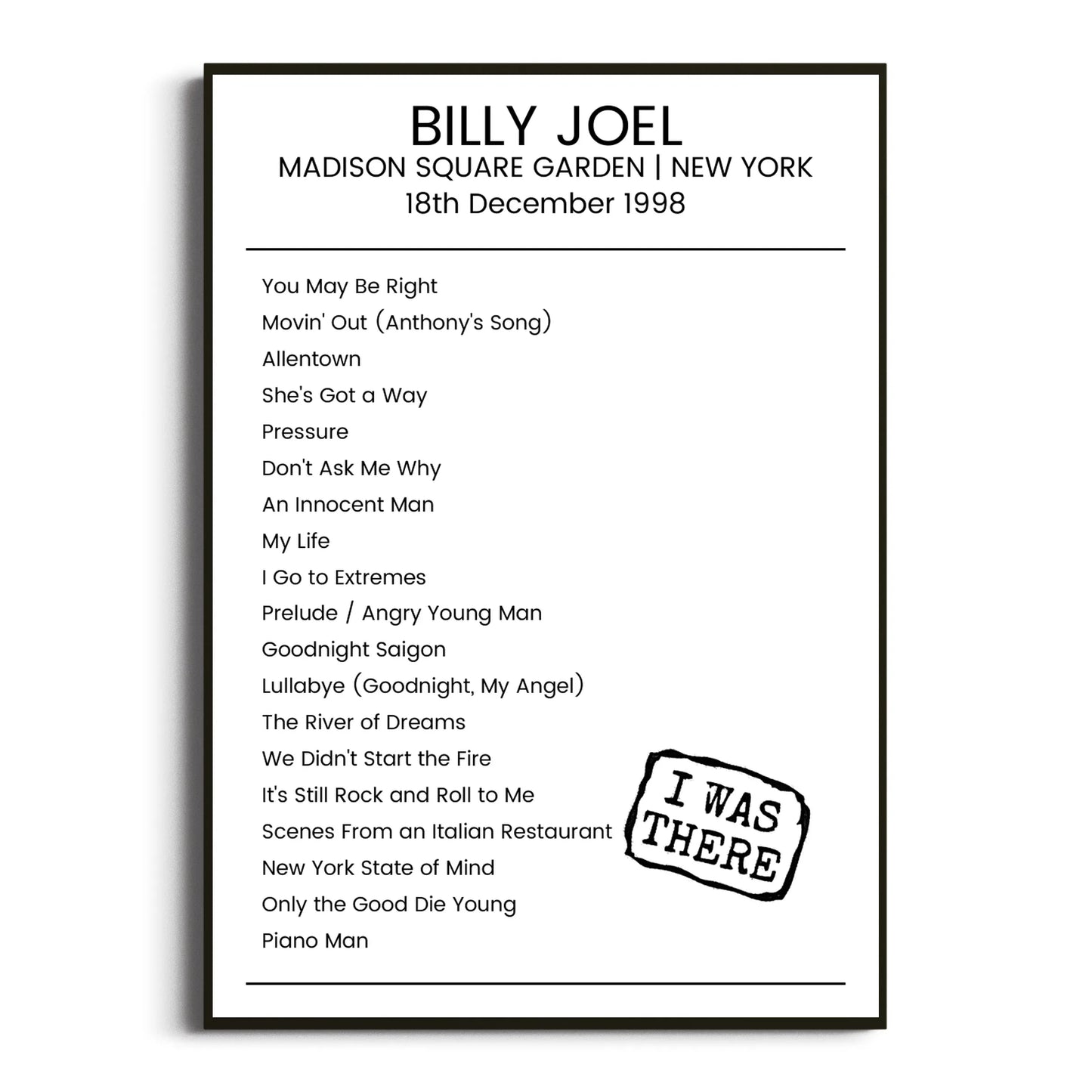 Billy Joel New York 18 December 1998 Setlist Poster