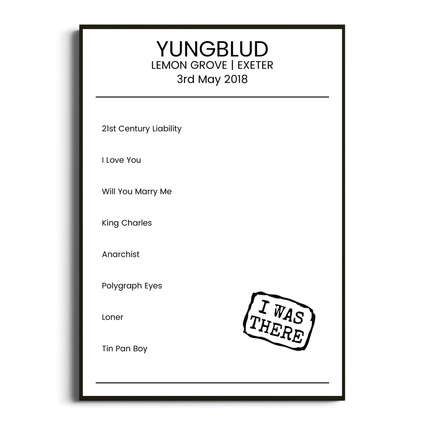 YUNGBLUD Exeter 03 May 2018 Setlist Poster