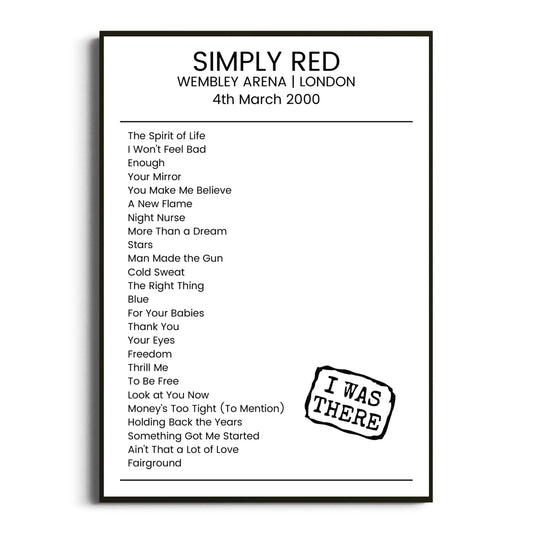 Simply Red London 04 March 2000 Setlist Poster