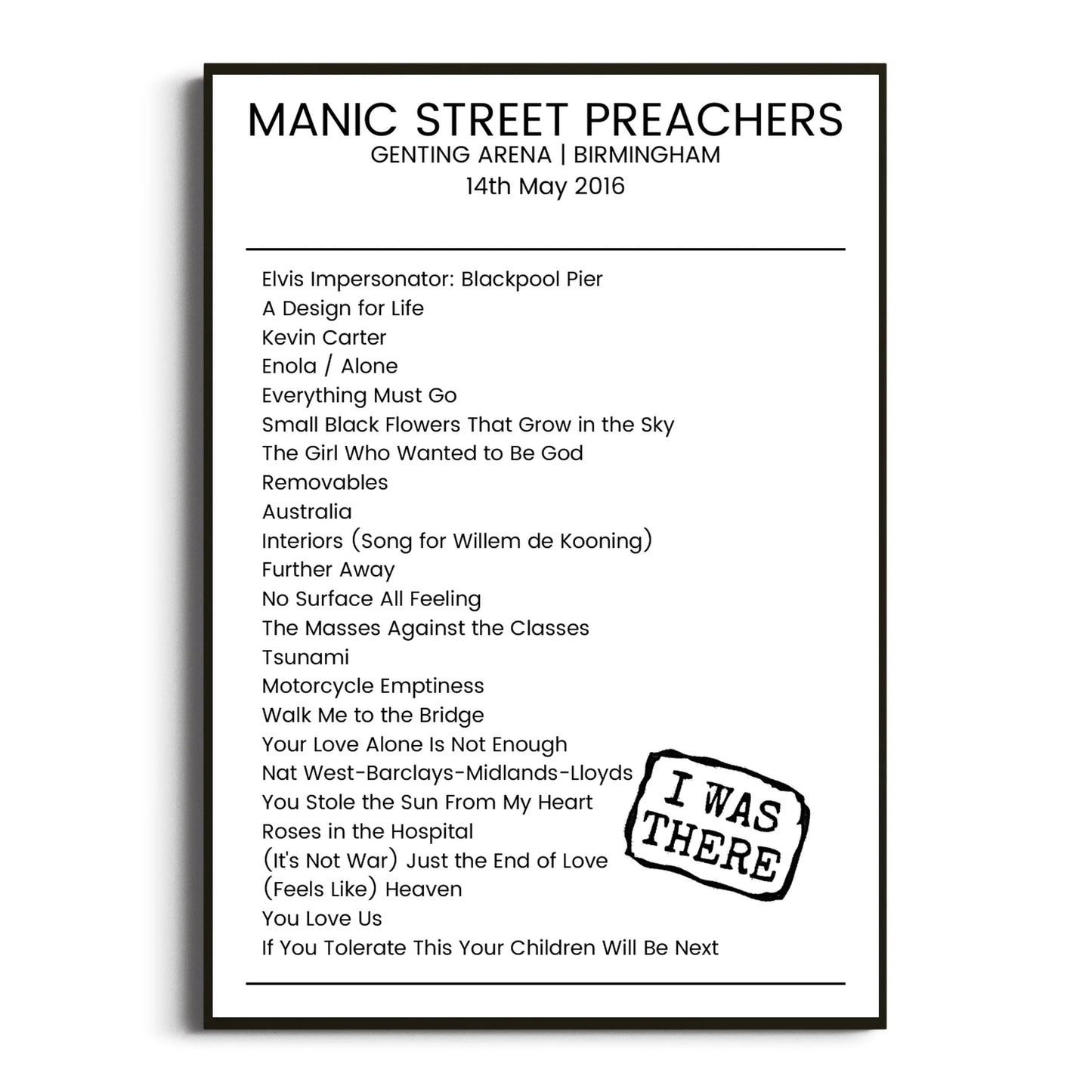 Manic Street Preachers Birmingham 14 May 2016 Setlist Poster