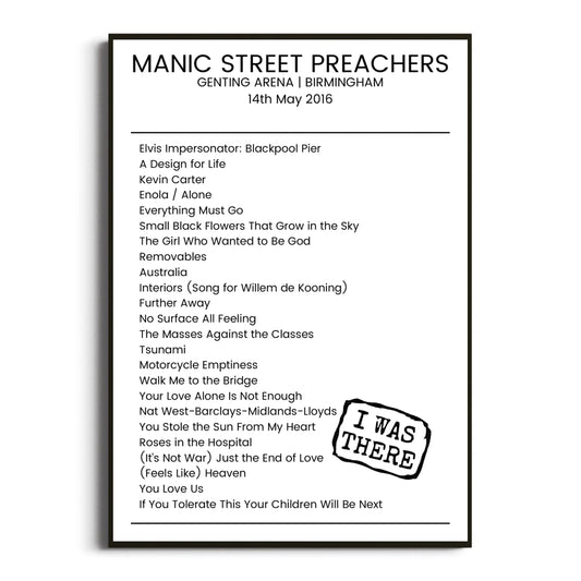 Manic Street Preachers Birmingham 14 May 2016 Setlist Poster