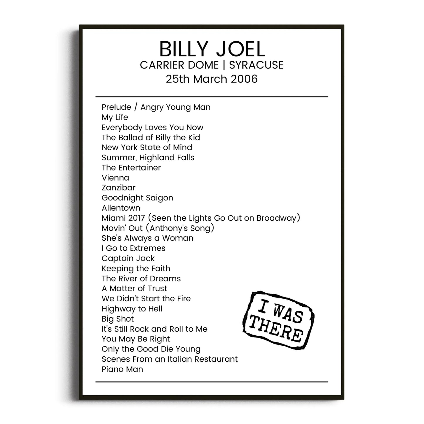 Billy Joel Syracuse 25 March 2006 Setlist Poster