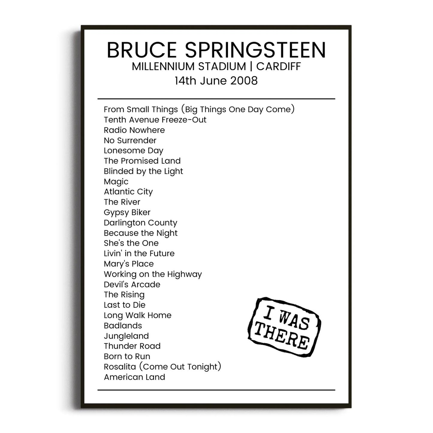 Bruce Springsteen Cardiff 14 June 2008 Setlist Poster