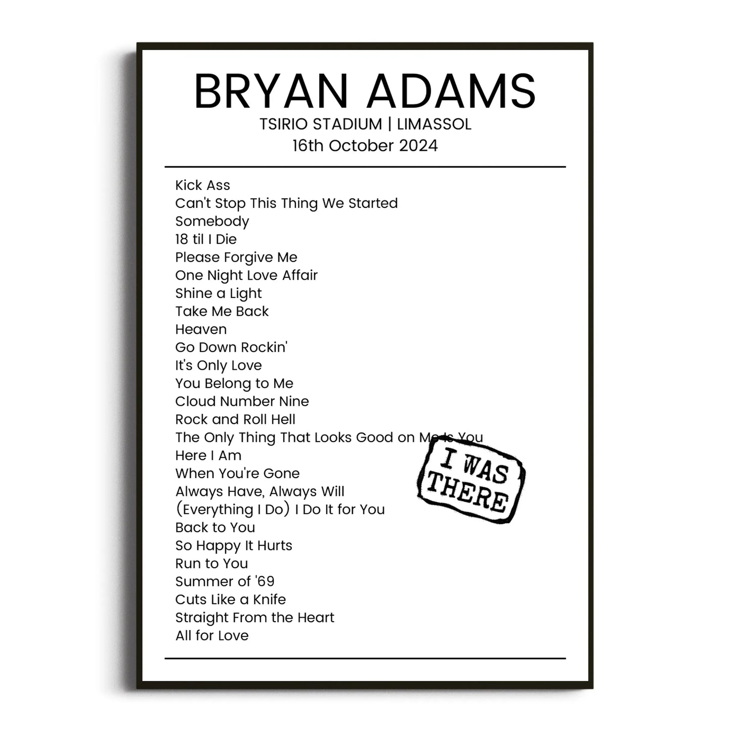 Bryan Adams Limassol 16 October 2024 Setlist Poster