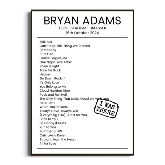 Bryan Adams Limassol 16 October 2024 Setlist Poster