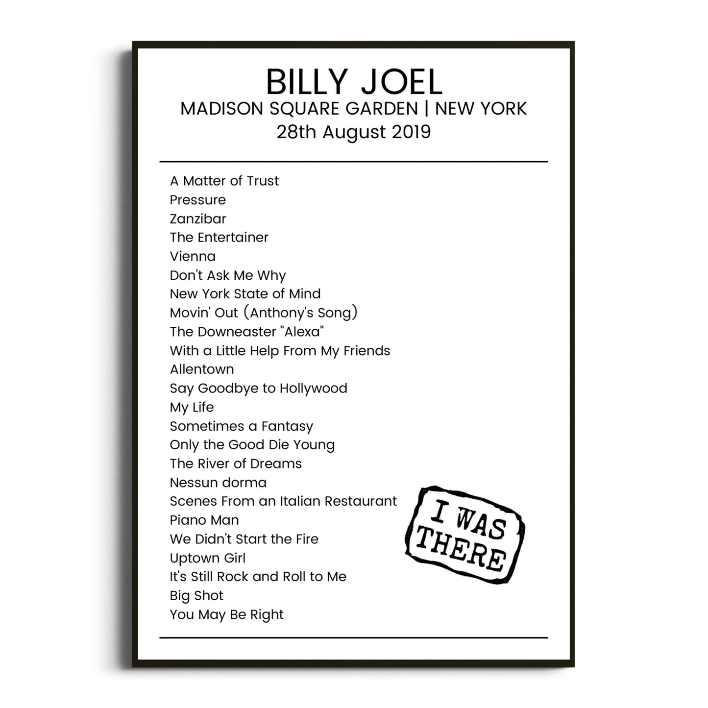 Billy Joel New York 28 August 2019 Setlist Poster