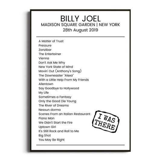 Billy Joel New York 28 August 2019 Setlist Poster