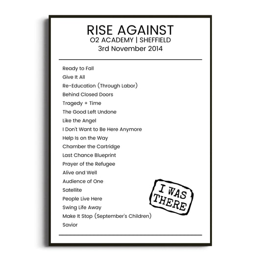 Rise Against Sheffield 03 November 2014 Setlist Poster