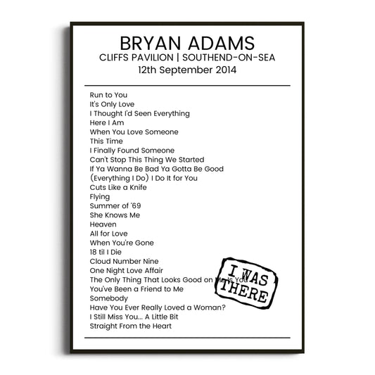 Bryan Adams Southend-on-Sea 12 September 2014 Setlist Poster