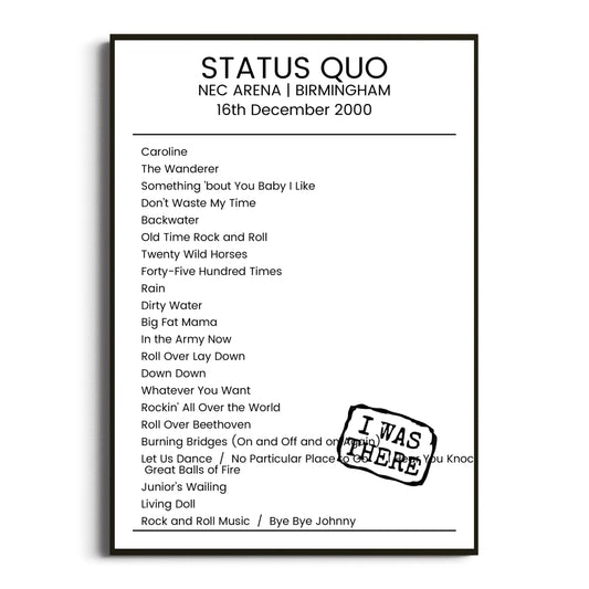 Status Quo Birmingham 16 December 2000 Setlist Poster