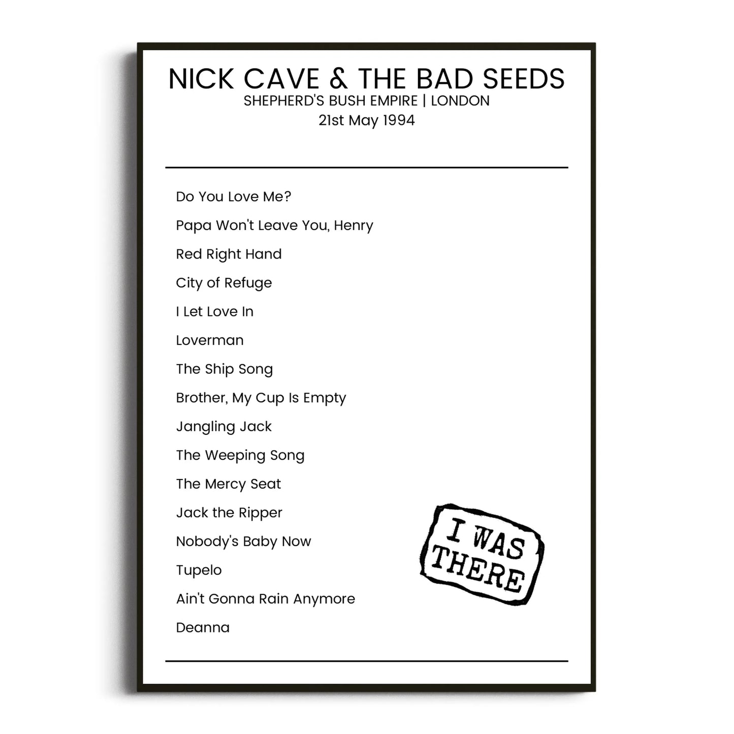 Nick Cave & the Bad Seeds London 21 May 1994 Setlist Poster