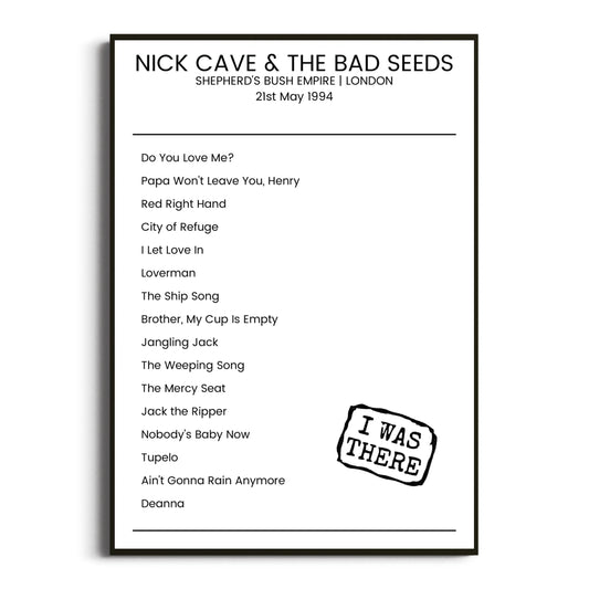 Nick Cave & the Bad Seeds London 21 May 1994 Setlist Poster