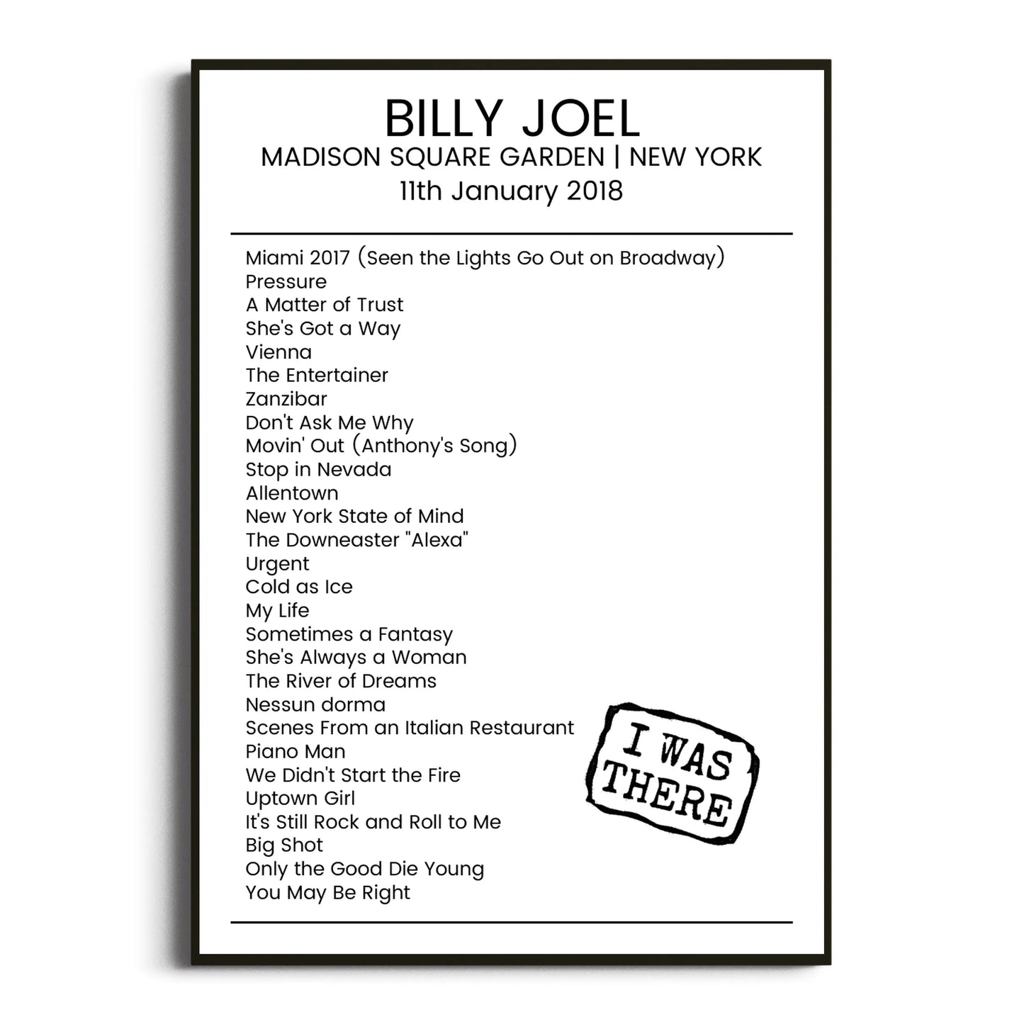 Billy Joel New York 11 January 2018 Setlist Poster