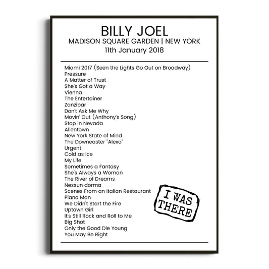 Billy Joel New York 11 January 2018 Setlist Poster