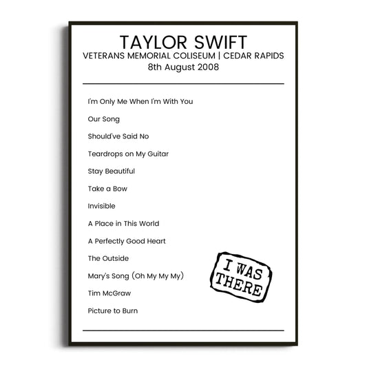 Taylor Swift Cedar Rapids 08 August 2008 Setlist Poster